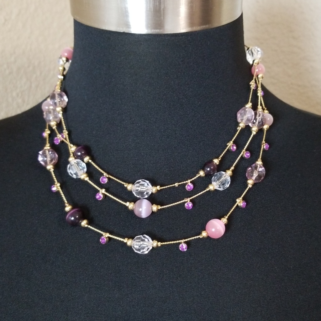 Gold Purple Pink Black Bead Triple Strand Necklace